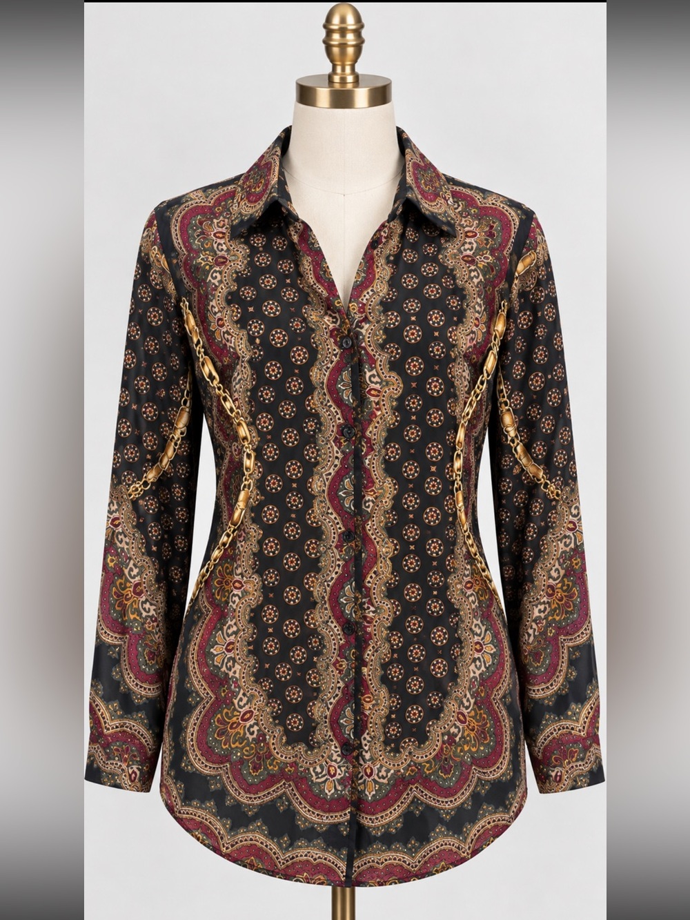 Express 100% silk blouse with Burgundy and Gold Paisley